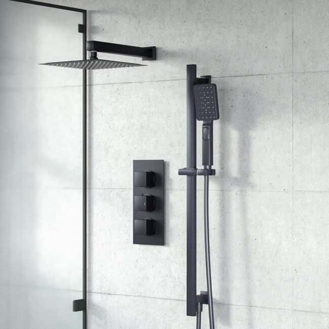 Temel Twin Head Matte Black Rainfall Shower Concealed Mixer Valve 3 Dial 2 Way