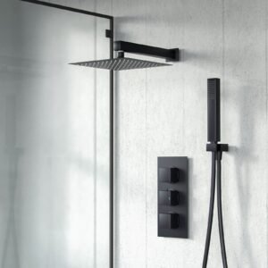 Temel Matte Black Square Shower Head Concealed Thermostatic Mixer Valve and Handheld