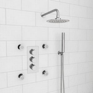 Chrome Round 3 Way Concealed Thermostatic Shower Mixer Valve Shower Head Handset Body Jets Set