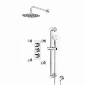Flora 3 Way Concealed Thermostatic Shower Mixer Valve. Shower Head. Slider Rail kit. Body Jets Set Chrome