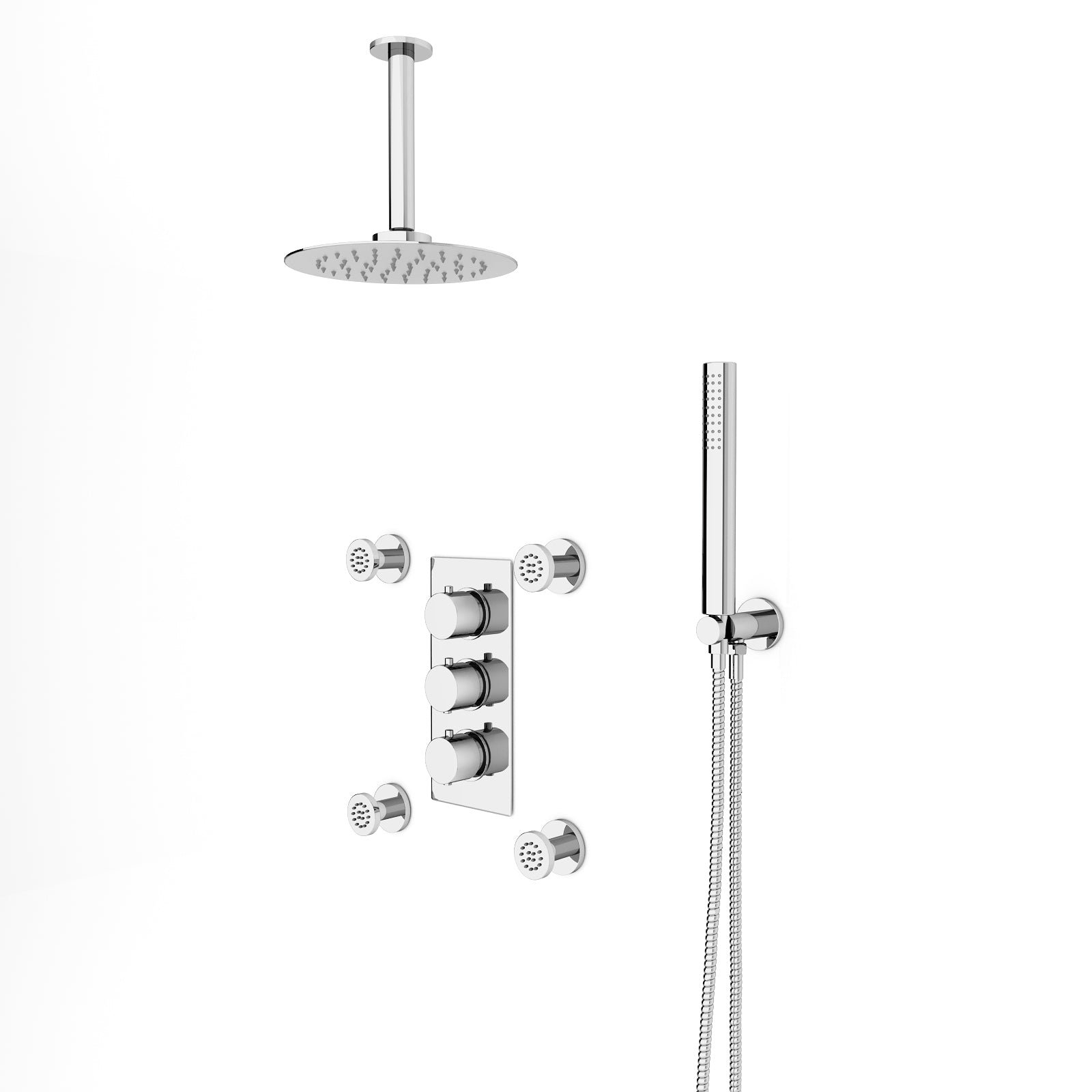 Flora Round 3 Way Concealed Thermostatic Shower Mixer Valve. Shower Head. Arm. Handset. Body Jets Set Chrome