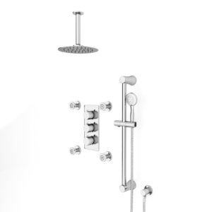 Flora Round 3 Way Concealed Thermostatic Shower Mixer Valve. Shower Head. Body jets. Handset. Rail kit Set Chrome