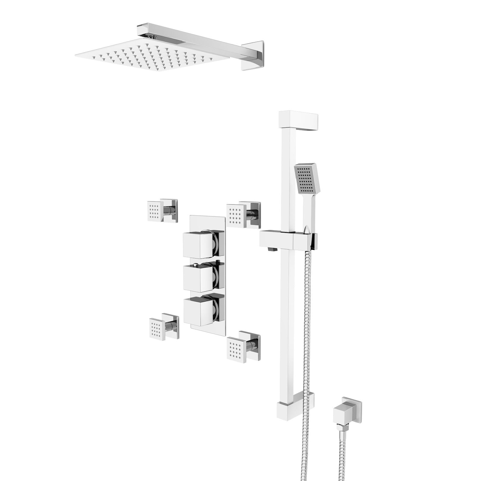 Olive Square 3 Way Concealed Thermostatic Shower Mixer Valve. Shower Head. Handset. Slider Rail. 4x Body Jets Set Chrome