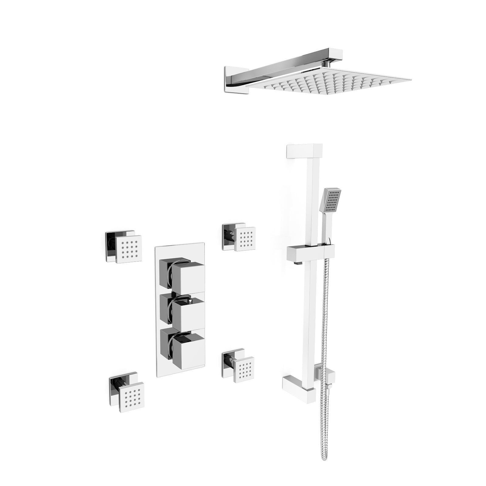 Olive Square 3 Way Concealed Thermostatic Shower Mixer Valve. Shower Head. Handset. Slider Rail. 4x Body Jets Set Chrome - Image 2