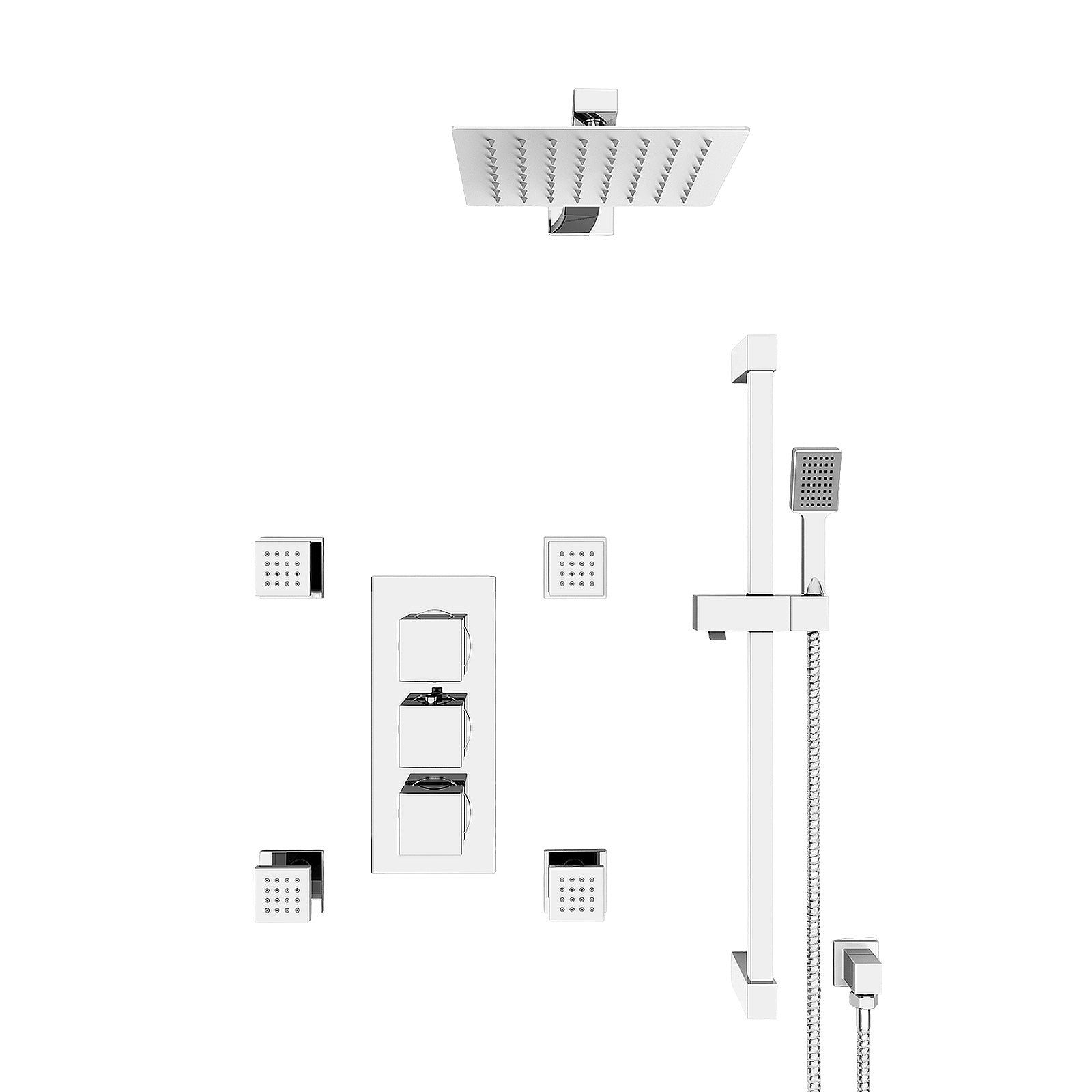 Olive Square 3 Way Concealed Thermostatic Shower Mixer Valve. Shower Head. Handset. Slider Rail. 4x Body Jets Set Chrome - Image 3