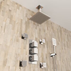 Olive Square 3 Way Concealed Thermostatic Shower Mixer Valve. Ceiling Shower Head. Handset. 4x Body Jets Set Chrome