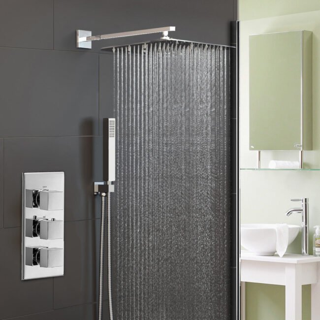 Olive 3 Way Square Concealed Thermostatic Hand Held Bath Shower 300 Slim Head