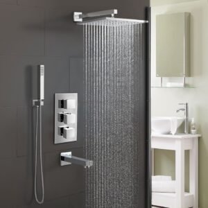 Olive Chrome Square 3 Way Concealed Thermostatic Shower Mixer Set - Shower Head. Handset & Bath Filler Spout