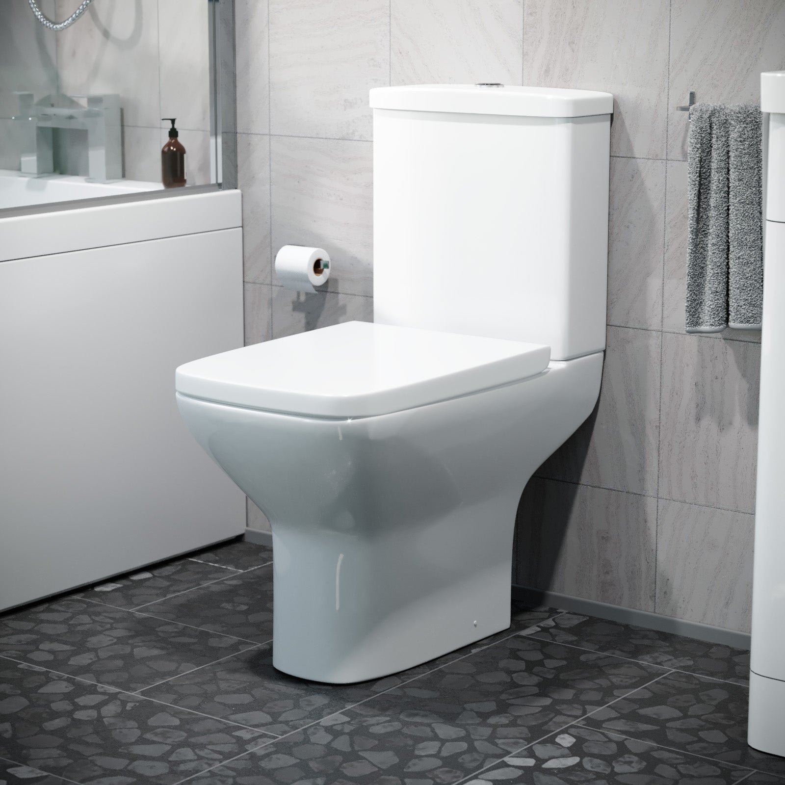 Ari Rimless Close Coupled WC Toilet Pan. Cistern and Slim Soft Close Seat