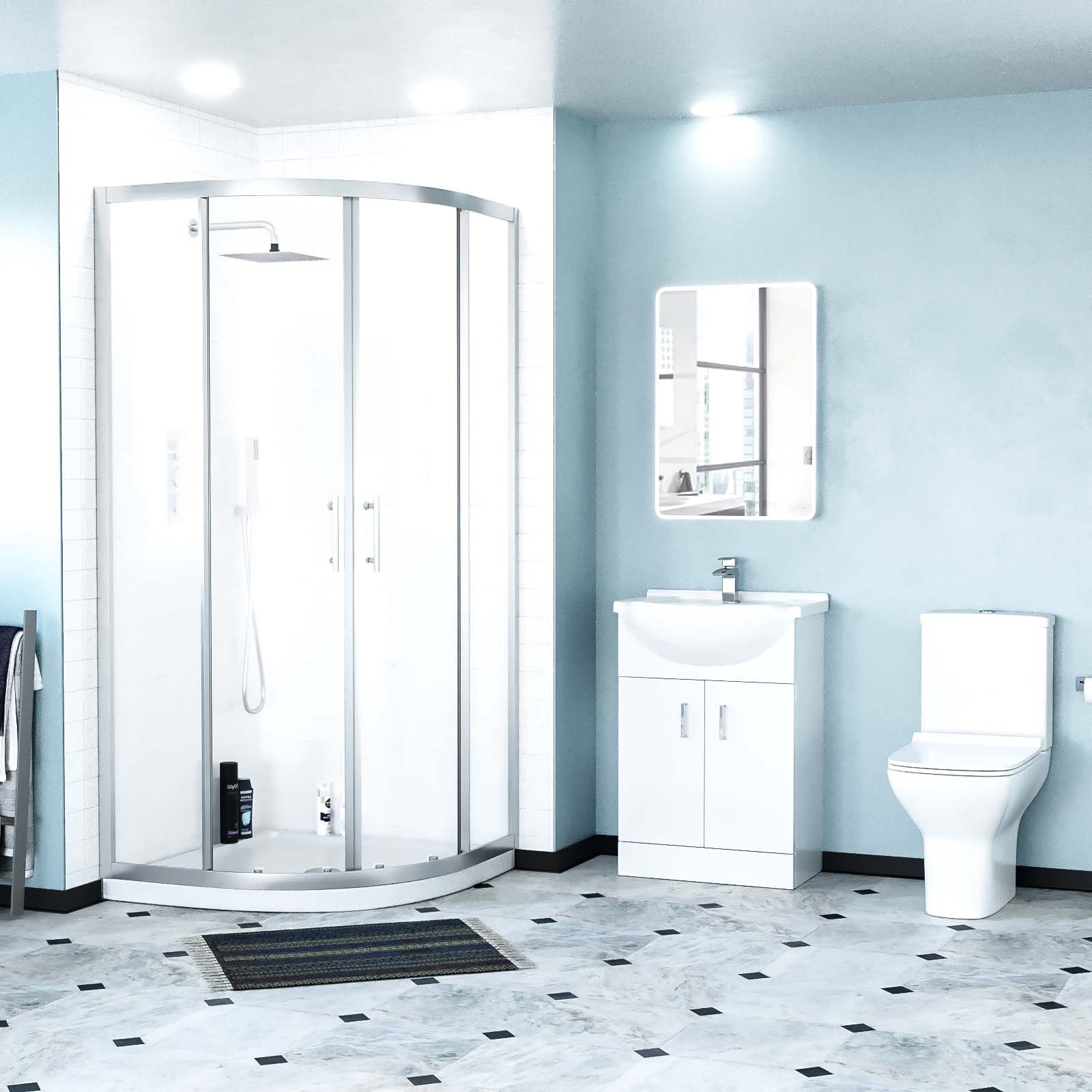 Ellen Rimless Close Coupled Toilet. Flat Pack Vanity Basin Unit. 900mm Quadrant Shower Enclosure and Shower Tray Suite White