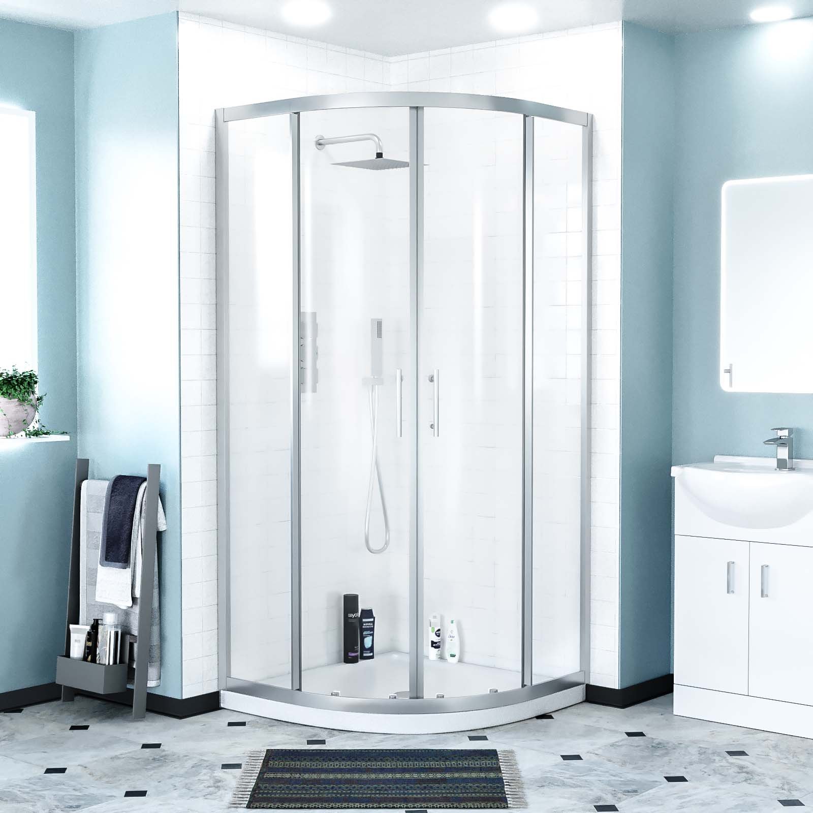 Ellen Rimless Close Coupled Toilet. Flat Pack Vanity Basin Unit. 800mm Quadrant Shower Enclosure and Shower Tray Suite White - Image 3