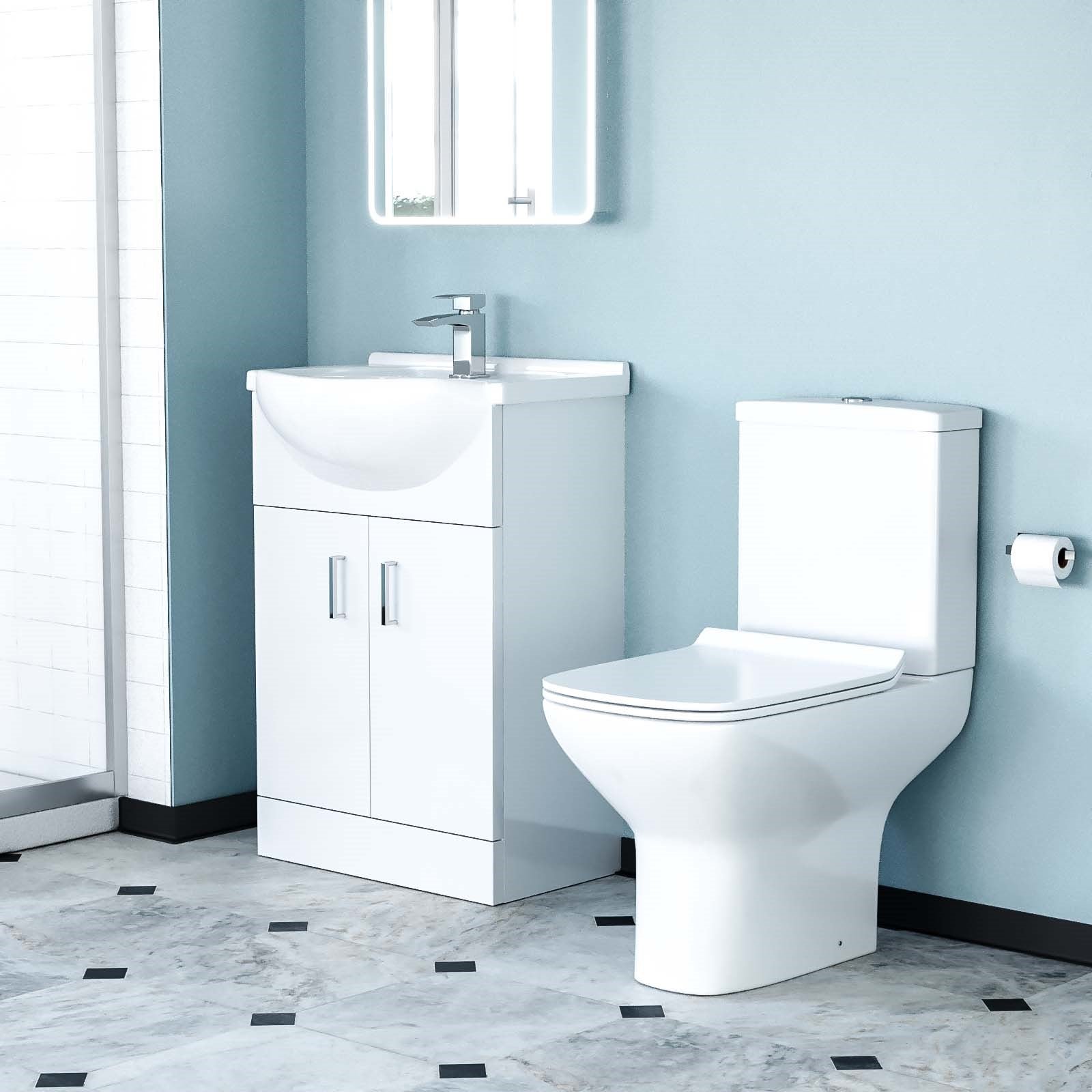 Ellen Rimless Close Coupled Toilet. Flat Pack Vanity Basin Unit. 800mm Quadrant Shower Enclosure and Shower Tray Suite White - Image 2