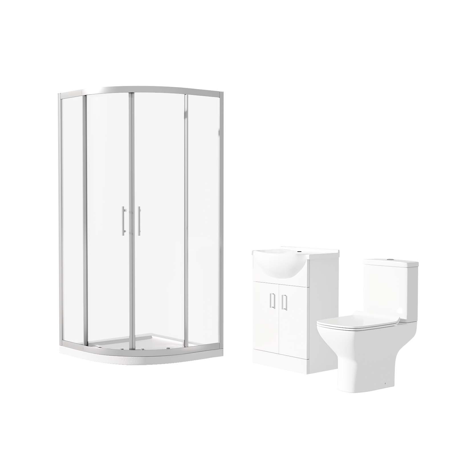 Ellen Rimless Close Coupled Toilet. Flat Pack Vanity Basin Unit. 800mm Quadrant Shower Enclosure and Shower Tray Suite White - Image 14