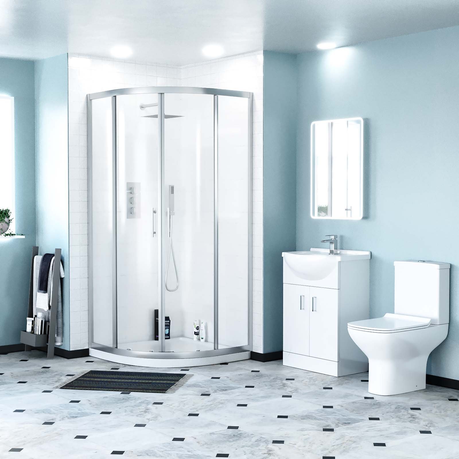 Ellen Rimless Close Coupled Toilet. Flat Pack Vanity Basin Unit. 800mm Quadrant Shower Enclosure and Shower Tray Suite White - Image 5
