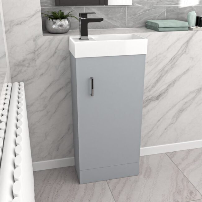 Nanuya Matte Grey 400mm Cloakroom Vanity Basin Unit Basin Mixer Tap & Waste - Image 6