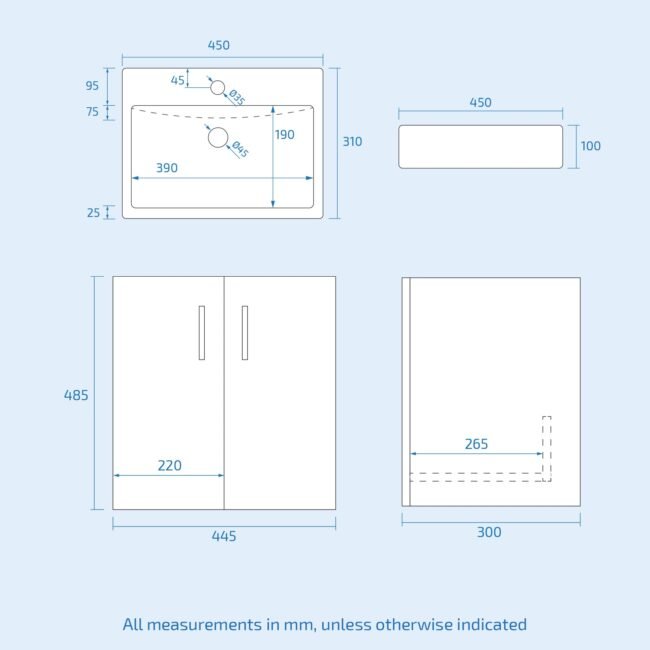 Nanuya 450mm Wall Hung Basin Vanity Unit Steel Grey Bathroom Furniture - Image 6