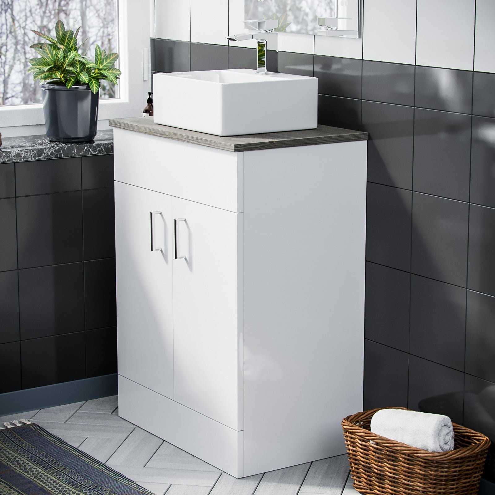 Nanuya 600 mm White Vanity Cabinet and Small 420mm Counter Top Basin Sink - Image 4