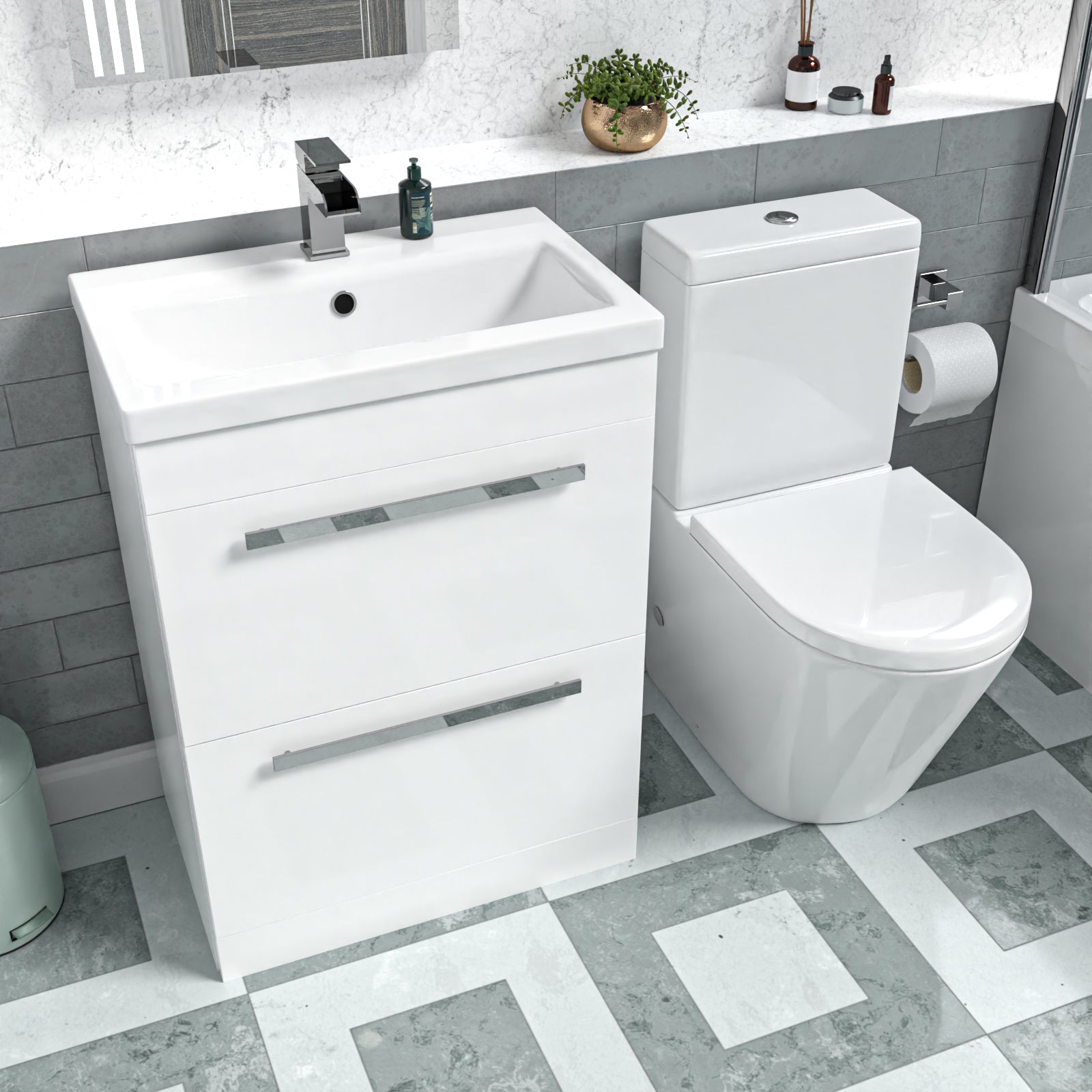 Nanuya 600mm Floorstanding 2 Drawer Vanity Basin Unit & Round Close Coupled Toilet White - Image 5
