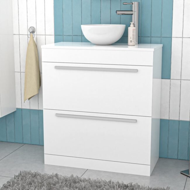 Nanuya White 800mm Vanity Cabinet & Modern Round Counter Top Basin Sink Unit - Image 2