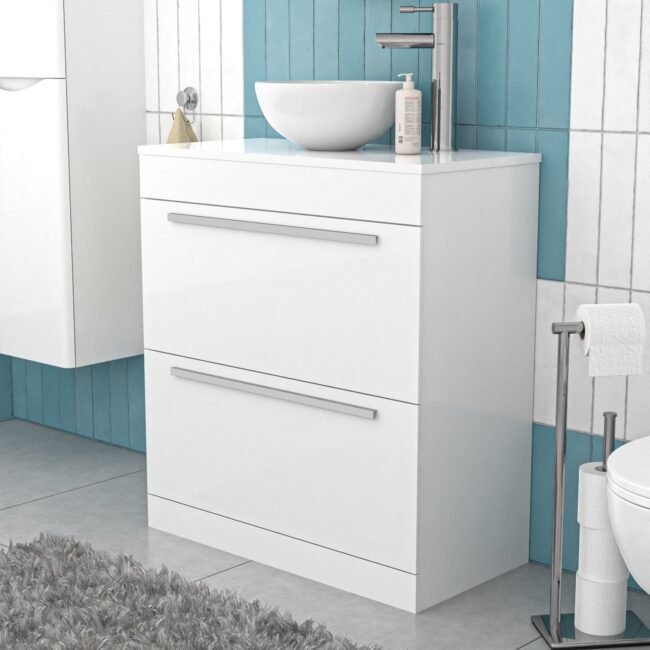 Nanuya White 800mm Vanity Cabinet & Modern Round Counter Top Basin Sink Unit - Image 3