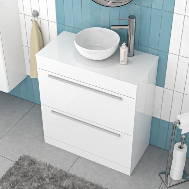 Nanuya White 800mm Vanity Cabinet & Modern Round Counter Top Basin Sink Unit - Image 4