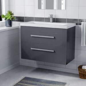 Nanuya Wall Hung Cabinet 2 Drawer 800mm Vanity Unit Steel Grey with Ceramic Sink Basin