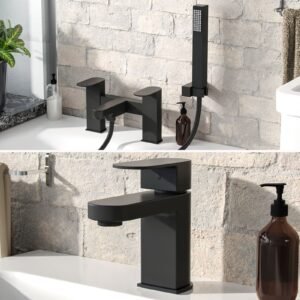 Eclipse Contemporary Basin Matte Black Single Lever Mixer Tap And Bath Shower Mixer With Handset Kit & Waste