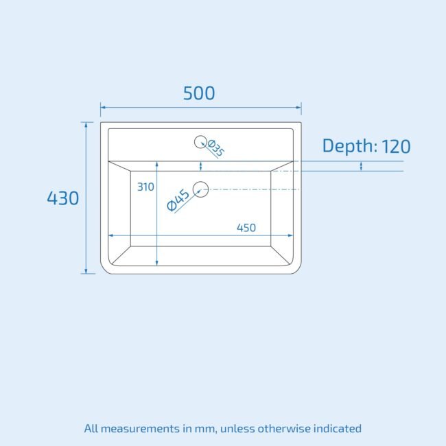 Merton 500mm Cloakroom Countertop Rectangular Basin Sink White with 1 Tap Hole - Image 4