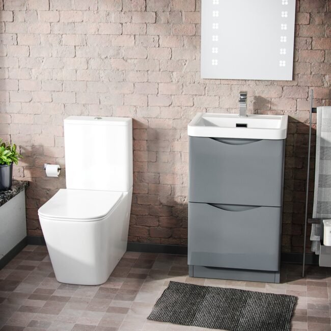 Merton 500mm Freestanding Vanity Basin Unit & Square Rimless Close Coupled Toilet Grey - Image 6