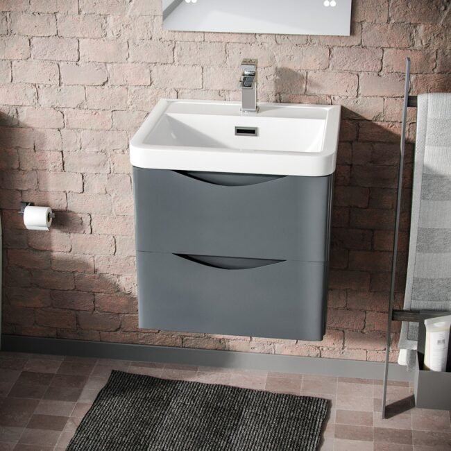 Merton 500mm Wall Hung Vanity Basin Unit & Square Rimless Close Coupled Toilet Grey - Image 2