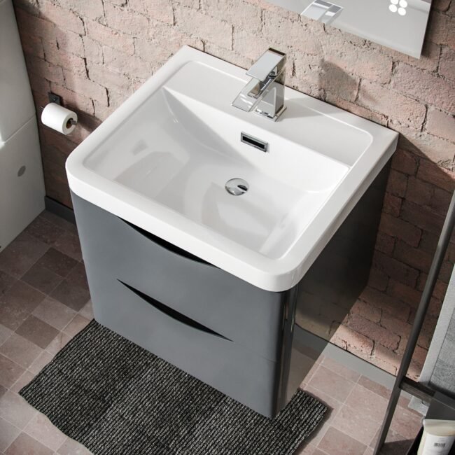 Merton 500mm Wall Hung Vanity Basin Unit & Square Rimless Close Coupled Toilet Grey - Image 3
