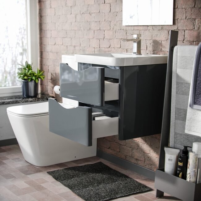 Merton 500mm Wall Hung Vanity Basin Unit & Square Rimless Close Coupled Toilet Grey - Image 4