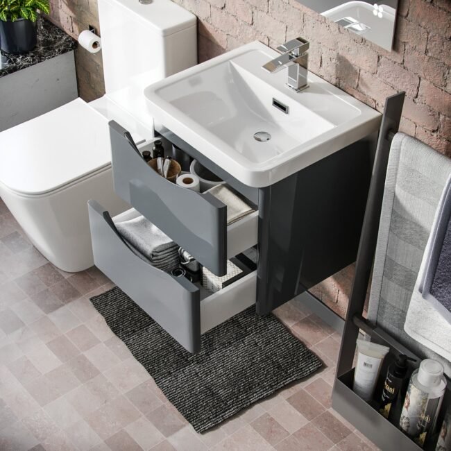 Merton 500mm Wall Hung Vanity Basin Unit & Square Rimless Close Coupled Toilet Grey - Image 5