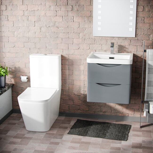 Merton 500mm Wall Hung Vanity Basin Unit & Square Rimless Close Coupled Toilet Grey - Image 6