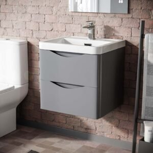 Merton Matte Grey 500mm Wall Hung Vanity Unit 2 Drawer & White Resin Basin