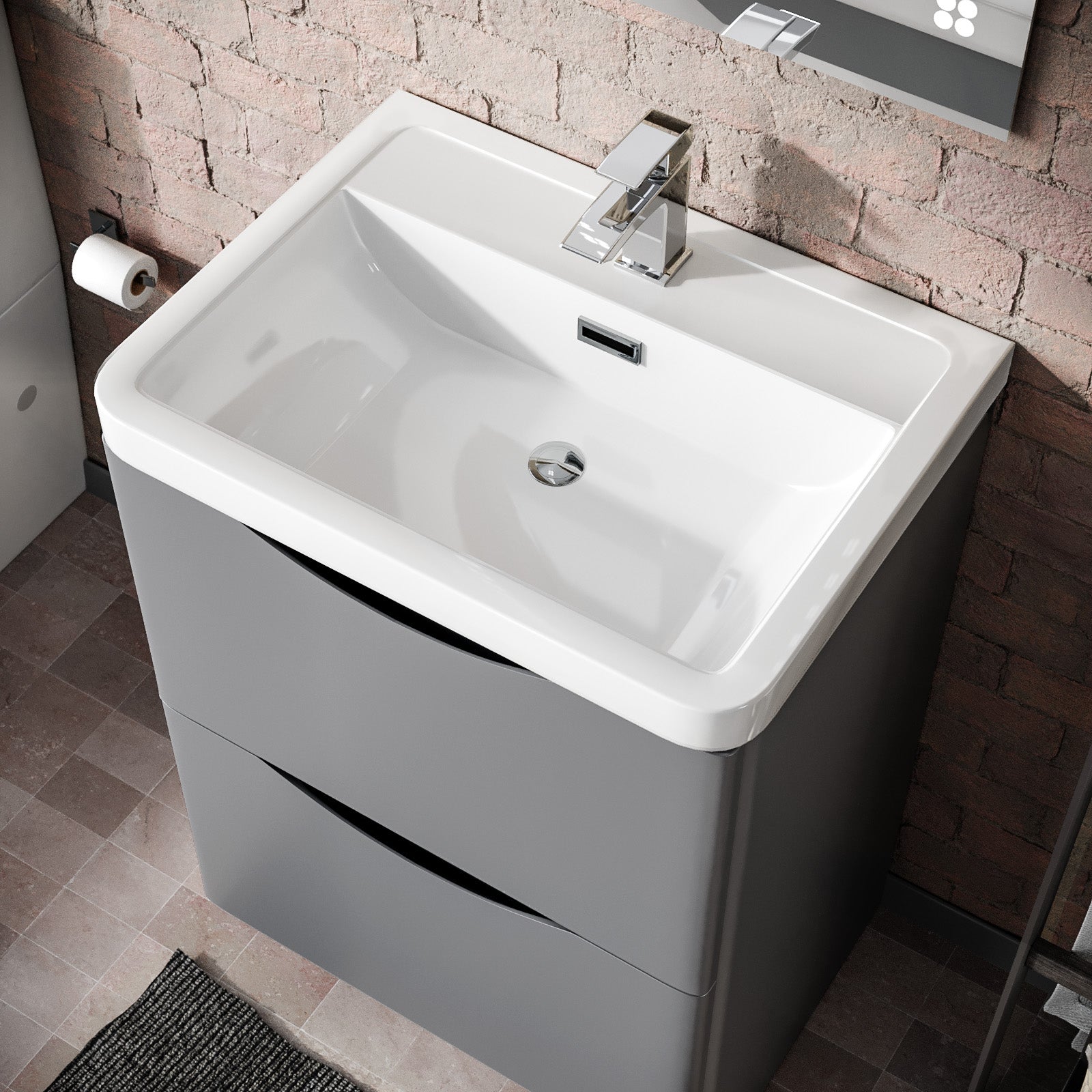 Merton 600mm Grey Vanity Unit with Basin and Waterfall Mono Mixer Tap and Waste Set - Image 3