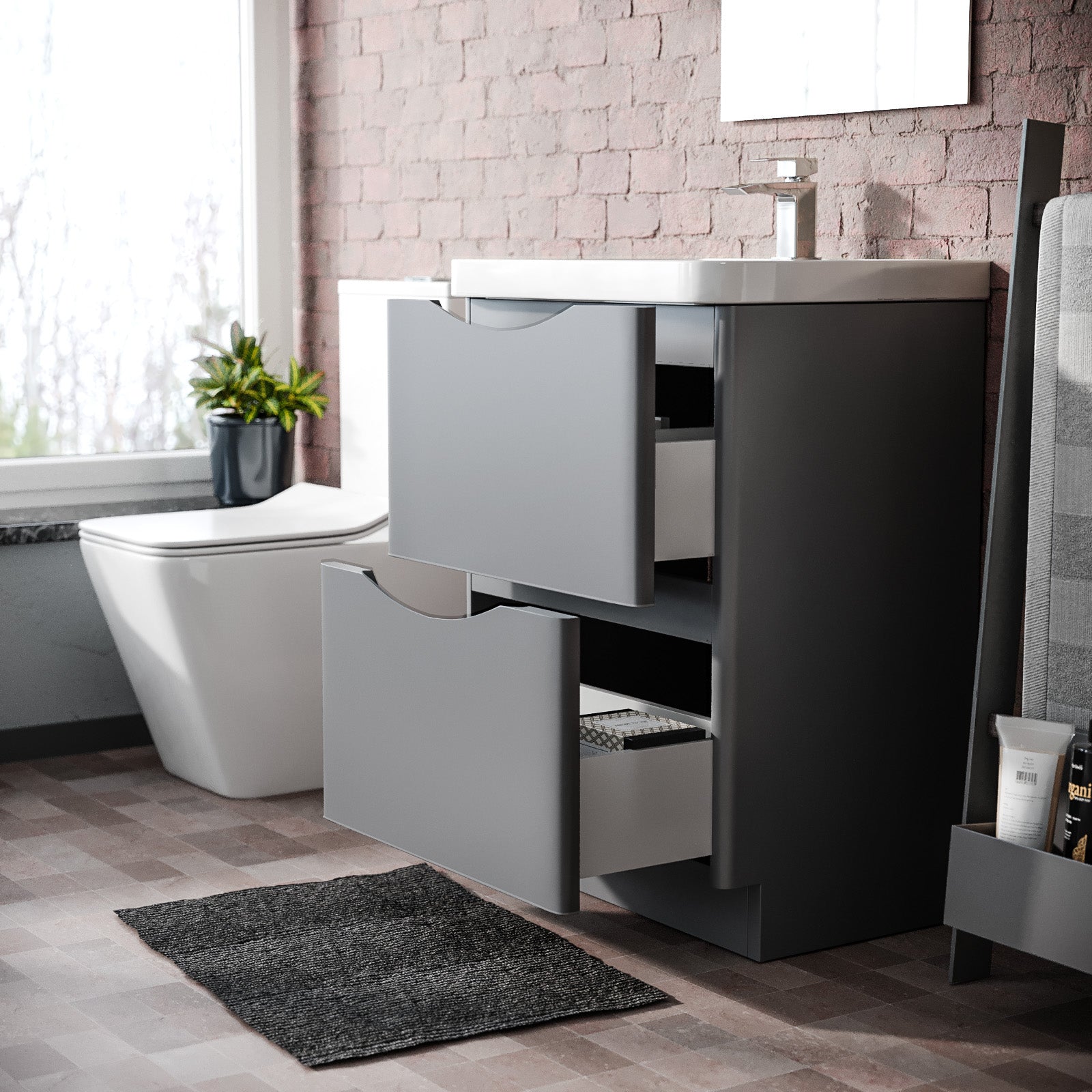 Merton 600mm Grey Vanity Unit with Basin and Waterfall Mono Mixer Tap and Waste Set - Image 6