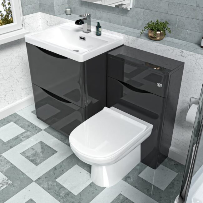 Merton Dark Grey 600mm Freestanding Basin Vanity WC Unit & Round BTW Toilet Set - Image 4