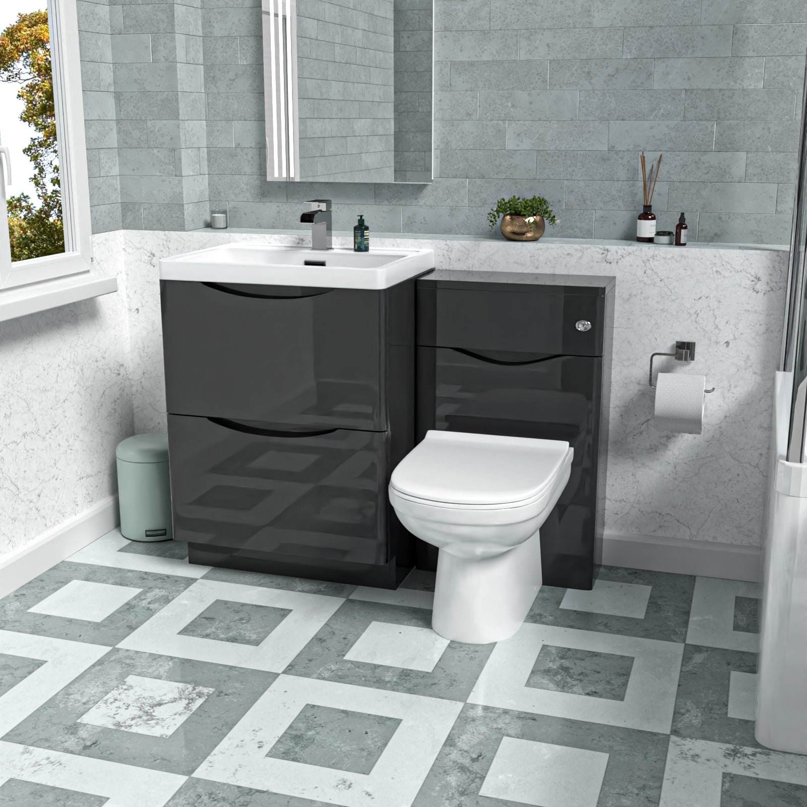 Merton Dark Grey 600mm Freestanding Basin Vanity WC Unit & Round BTW Toilet Set