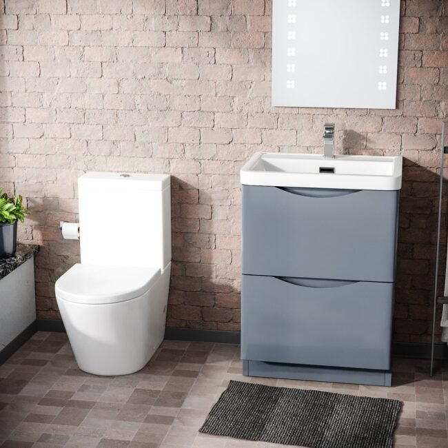 Merton Grey 600mm Basin Sink Vanity and Rimless Close Coupled Toilet - Image 6