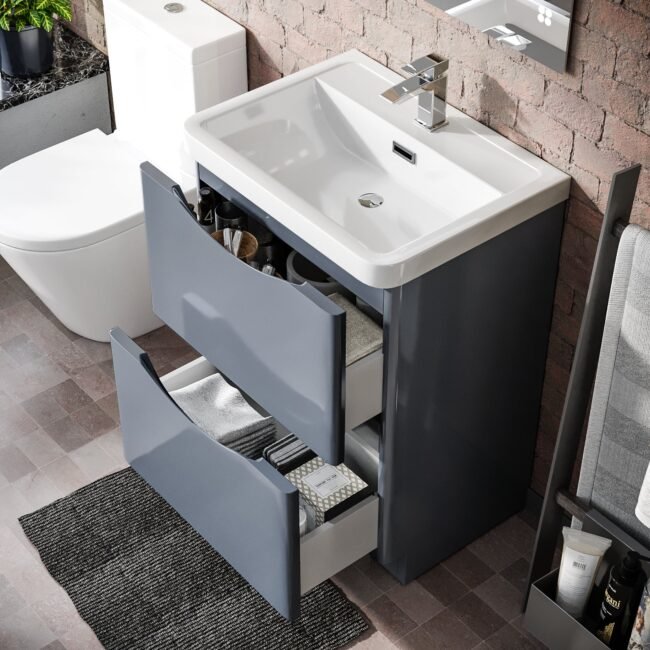 Merton Grey 600mm Basin Sink Vanity and Rimless Close Coupled Toilet - Image 2