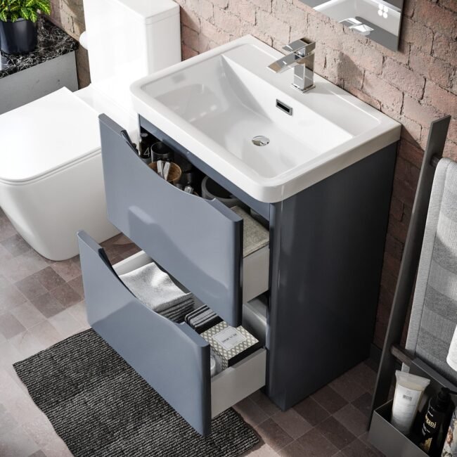 Merton Grey 600mm Freestanding Vanity Basin Unit & Square Rimless Close Coupled Toilet - Image 2