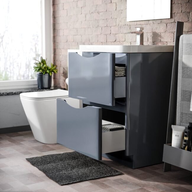 Merton Grey 600mm Freestanding Vanity Basin Unit & Square Rimless Close Coupled Toilet - Image 3
