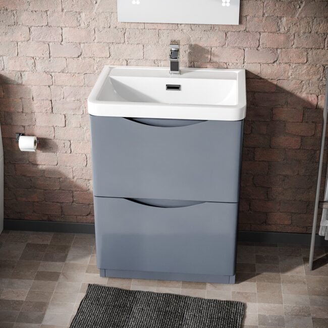 Merton Grey 600mm Freestanding Vanity Basin Unit & Square Rimless Close Coupled Toilet - Image 5
