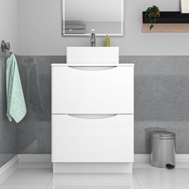Merton 600mm White Freestanding 2 Drawers Vanity & Worktop With Square Basin - Image 2