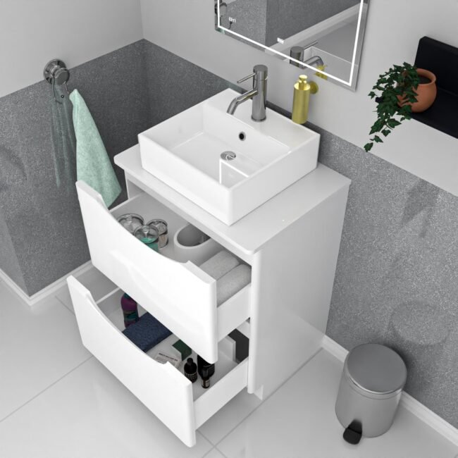 Merton 600mm White Freestanding 2 Drawers Vanity & Worktop With Square Basin - Image 4