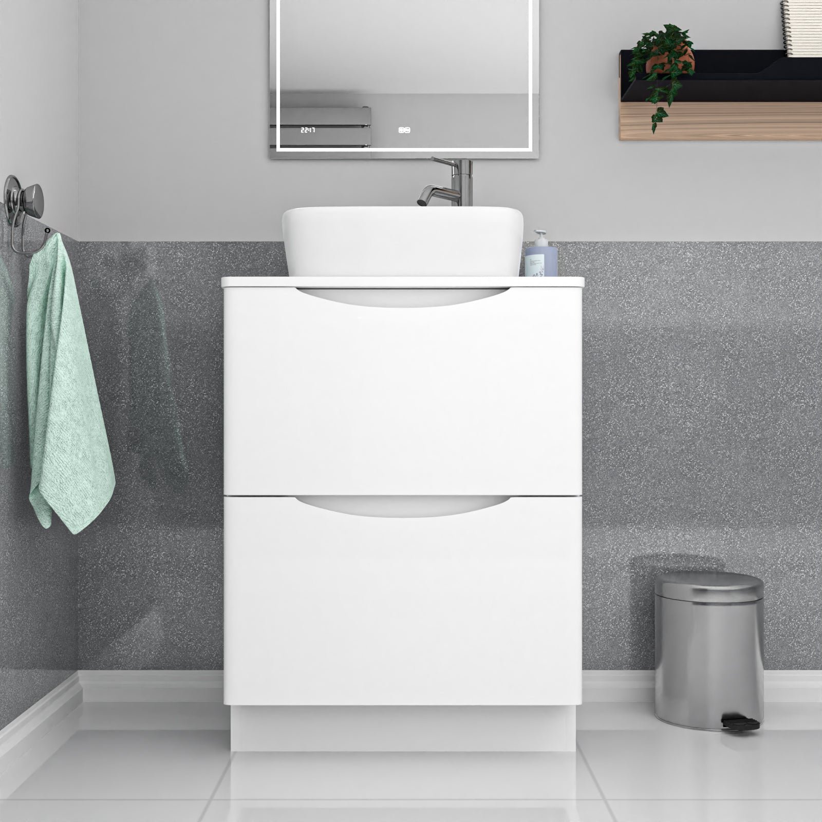Merton 600mm White Drawers Vanity. Worktop & Square Shape Rounded Corner Basin - Image 2