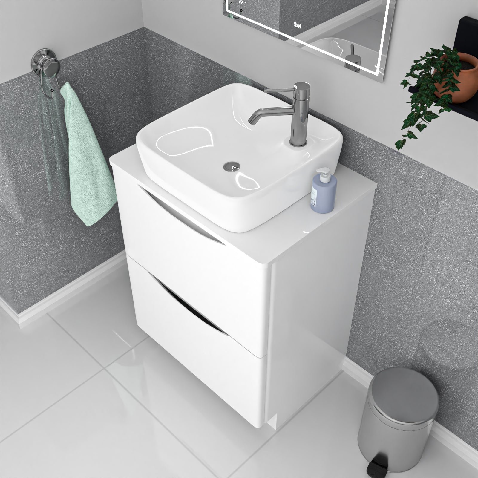 Merton 600mm White Drawers Vanity. Worktop & Square Shape Rounded Corner Basin - Image 3