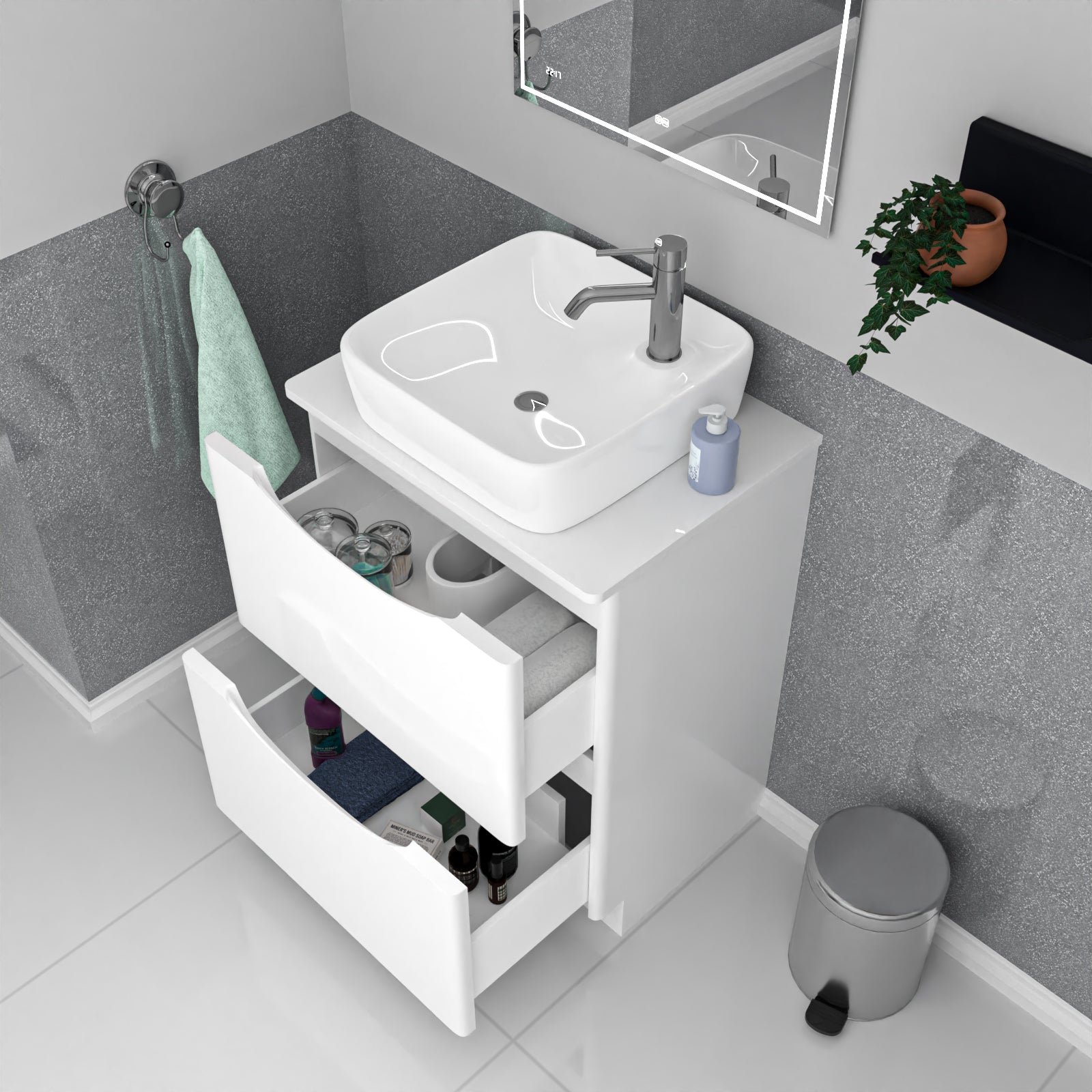 Merton 600mm White Drawers Vanity. Worktop & Square Shape Rounded Corner Basin - Image 4