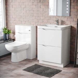 Merton 600 Freestanding White Basin Vanity Cabinet. WC & Round BTW Toilet Set